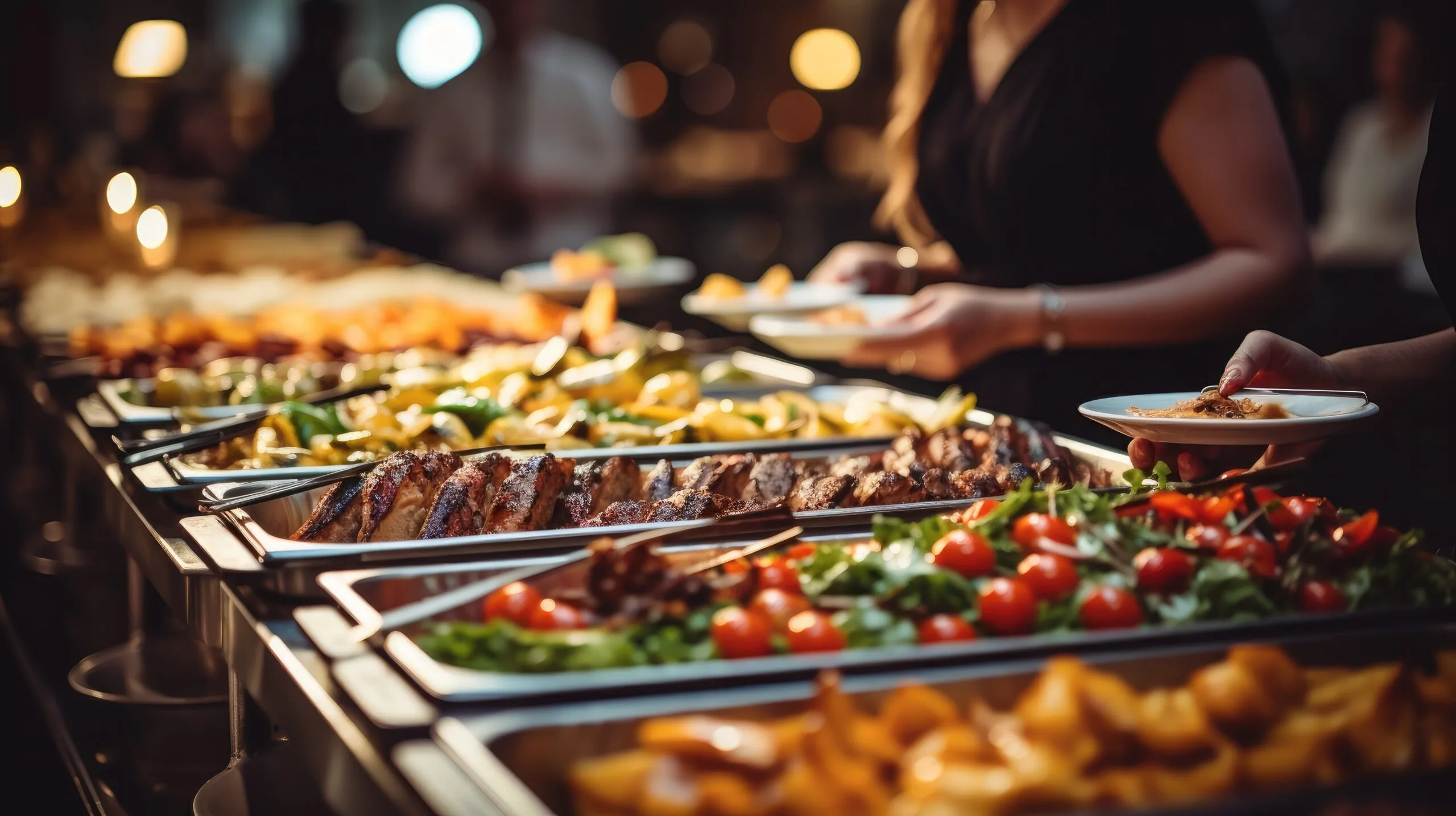 People group eating buffet food in restaurant.