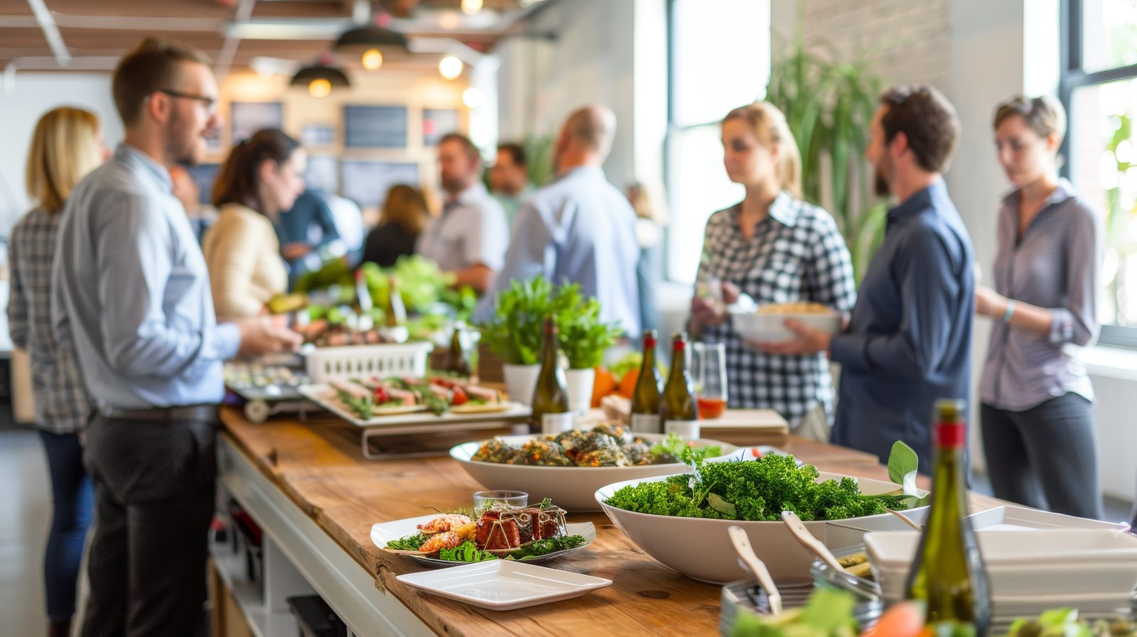 A group of colleagues enjoying a catered buffet lunch in a modern office kitchen, discussing projects and sharing ideas with natural light streaming in